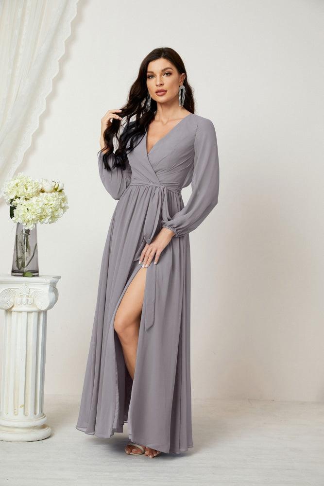 Numbersea Evening Dresses Deep V-Neck Chiffon Bridesmaid Dresses Long Bishop Sleeve Side Split Formal Dress 2806