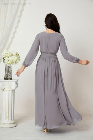Sunnderly Evening Dresses Deep V-Neck Chiffon Bridesmaid Dresses Long Bishop Sleeve Side Split Formal Dress SY2806