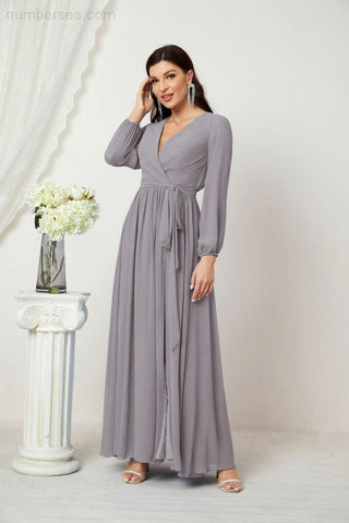 Sunnderly Evening Dresses Deep V-Neck Chiffon Bridesmaid Dresses Long Bishop Sleeve Side Split Formal Dress SY2806