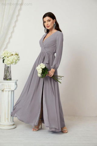 Sunnderly Evening Dresses Deep V-Neck Chiffon Bridesmaid Dresses Long Bishop Sleeve Side Split Formal Dress SY2806