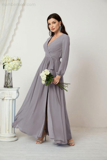 Numbersea Evening Dresses Deep V-Neck Chiffon Bridesmaid Dresses Long Bishop Sleeve Side Split Formal Dress 2806