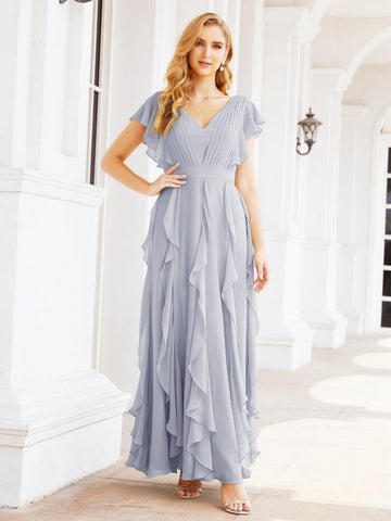 Robe de demoiselle d'honneur à volants et manches longues, robe de soirée formelle 28041 