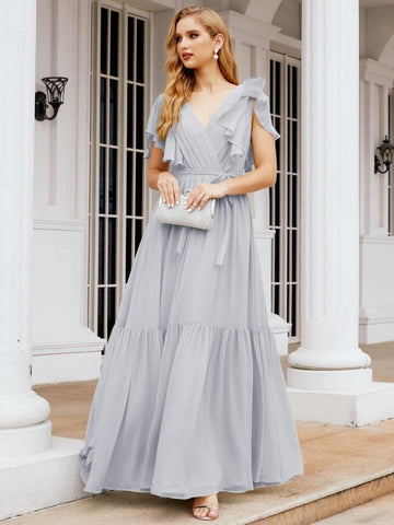 Baoleely Women's Open Back Formal Evening Party Prom Gowns V-Neck Long Chiffon Bridesmaid Dresses with Waist Belt 28038