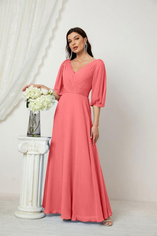Baoleely  Formal Prom Gown Women V-Neck Chiffon Bridesmaid Dresses Long Bishop Sleeve Party Dress 2807
