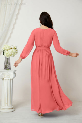 Sunnderly Evening Dresses Deep V-Neck Chiffon Bridesmaid Dresses Long Bishop Sleeve Side Split Formal Dress SY2806