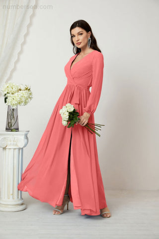 Sunnderly Evening Dresses Deep V-Neck Chiffon Bridesmaid Dresses Long Bishop Sleeve Side Split Formal Dress SY2806