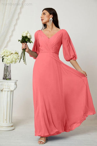 Baoleely  Formal Prom Gown Women V-Neck Chiffon Bridesmaid Dresses Long Bishop Sleeve Party Dress 2807