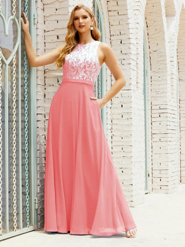 Vestido de dama de honor de encaje, largo hasta el suelo, con bolsillos, 28017 