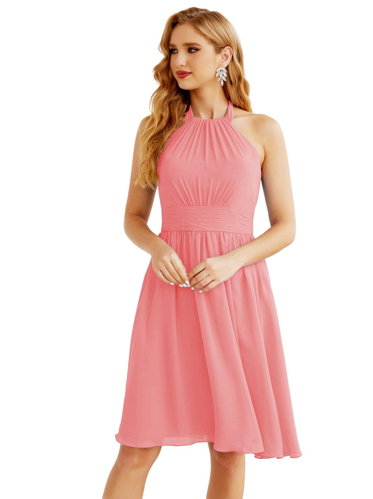 Numbersea Halter Chiffon Bridesmaid Dresses Short Sleeveless Formal Party Dress Open Back 28023