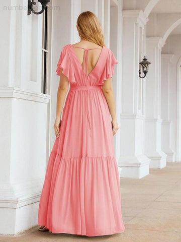 Baoleely Women's Open Back Formal Evening Party Prom Gowns V-Neck Long Chiffon Bridesmaid Dresses with Waist Belt 28038