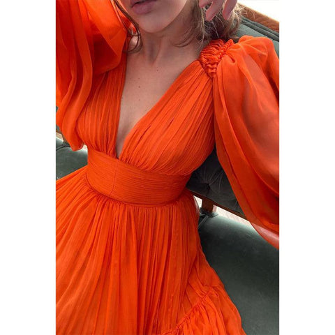 Vestido de noche formal de tul naranja, sexy, con escote en V profundo y mangas largas, corte A 