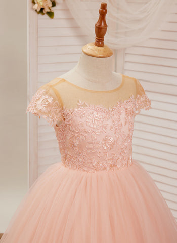 Ball-Gown/Princess Lace Tulle Sweep Train Pink Dress (2003226644)