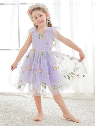 A-Line Sleeveless Floral Embroidered Tulle Toddler Flower Girl Dress
