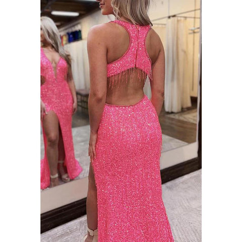 Vestido de noche para fiesta, graduación, escote en V, ilusión, imperio, sin mangas, con lentejuelas y abertura lateral 