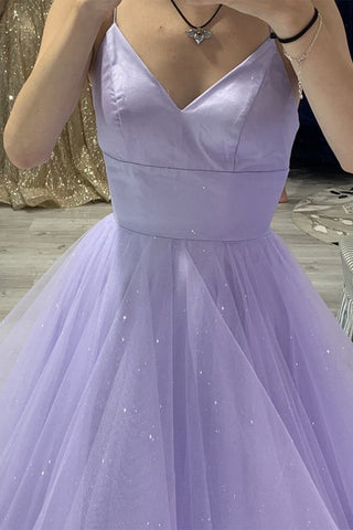 Glitter Lilac Spaghetti Straps Prom Dress