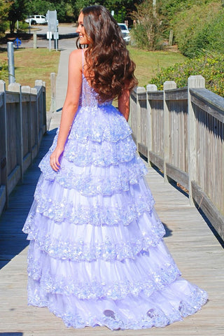 A Line Spaghetti Straps Tiered Lace Prom Dress