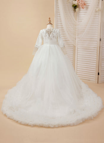 A-line Satin Tulle Court Train White First Communion Flower Girl Dress