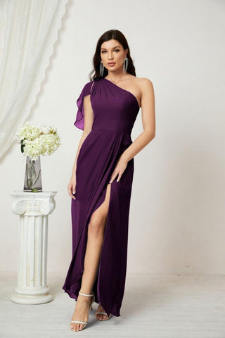 Robe de demoiselle d'honneur longue en mousseline de soie à volants et à une épaule, coupe trapèze, robe de soirée formelle fendue sur le côté, 2809