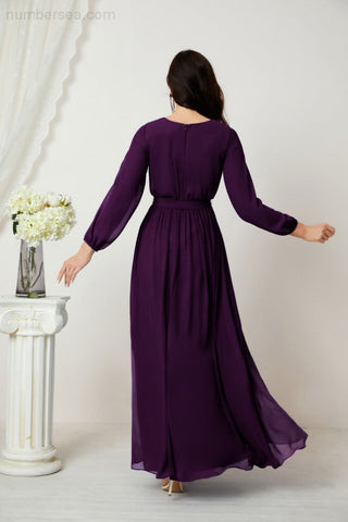 Sunnderly Evening Dresses Deep V-Neck Chiffon Bridesmaid Dresses Long Bishop Sleeve Side Split Formal Dress SY2806