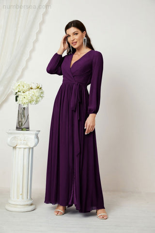 Sunnderly Evening Dresses Deep V-Neck Chiffon Bridesmaid Dresses Long Bishop Sleeve Side Split Formal Dress SY2806