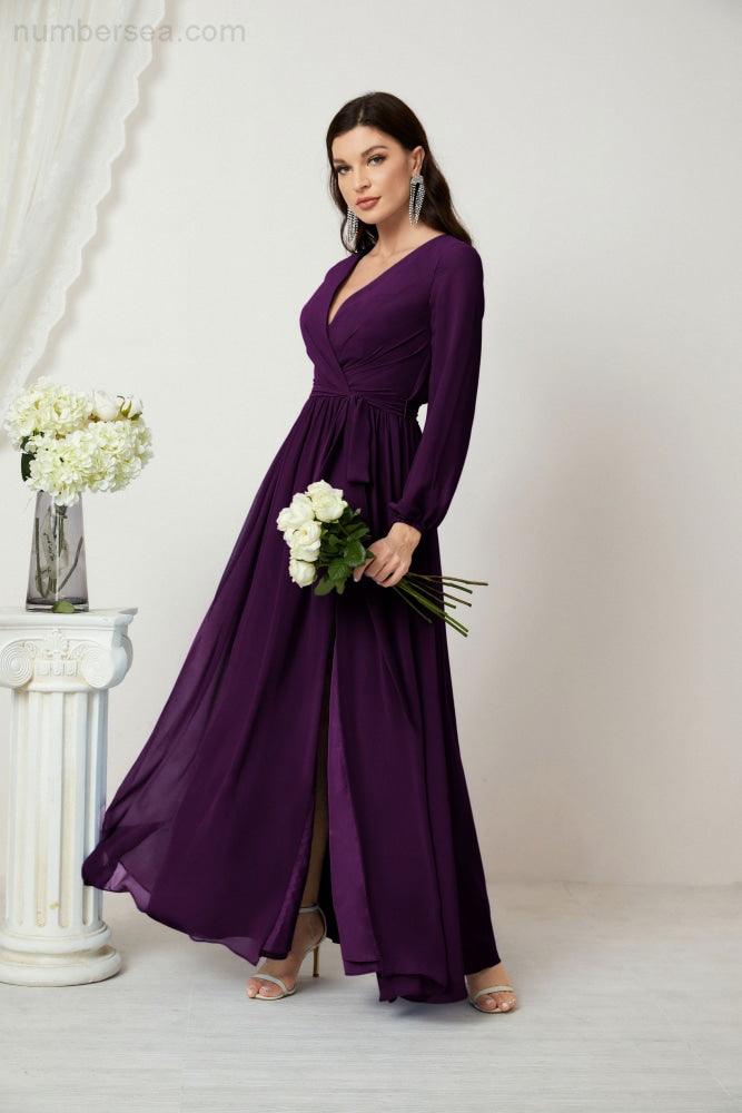 Numbersea Evening Dresses Deep V-Neck Chiffon Bridesmaid Dresses Long Bishop Sleeve Side Split Formal Dress 2806