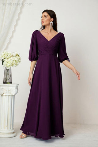 Baoleely  Formal Prom Gown Women V-Neck Chiffon Bridesmaid Dresses Long Bishop Sleeve Party Dress 2807