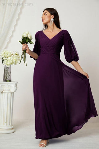 Baoleely  Formal Prom Gown Women V-Neck Chiffon Bridesmaid Dresses Long Bishop Sleeve Party Dress 2807