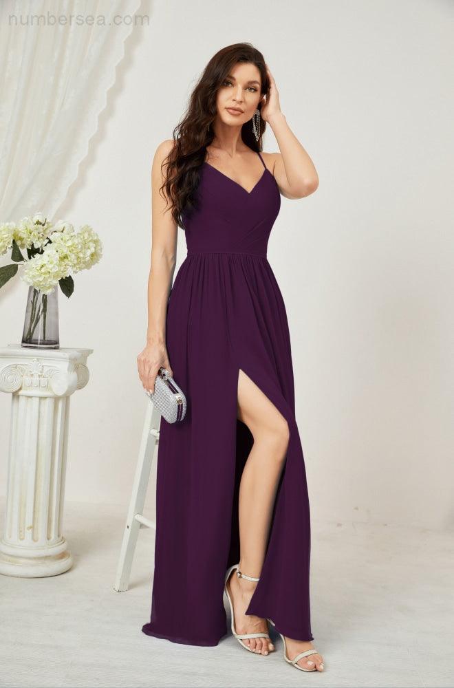 Numbersea  Neck Bridesmaid Dresses Chiffon Long Spaghetti A-line Formal Prom Gown for Wedding Party Evening 2801