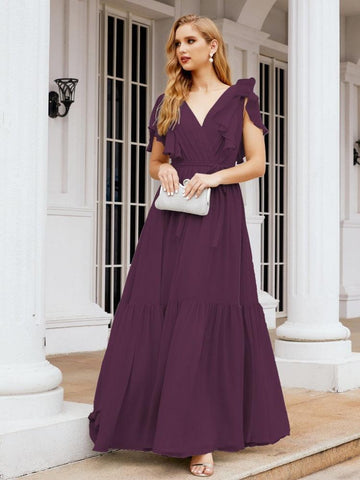 Baoleely Women's Open Back Formal Evening Party Prom Gowns V-Neck Long Chiffon Bridesmaid Dresses with Waist Belt 28038