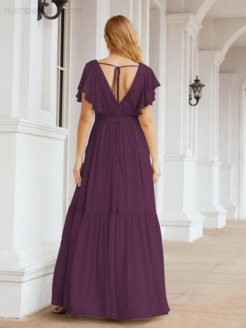 Baoleely Women's Open Back Formal Evening Party Prom Gowns V-Neck Long Chiffon Bridesmaid Dresses with Waist Belt 28038