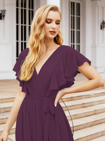 Baoleely Women's Open Back Formal Evening Party Prom Gowns V-Neck Long Chiffon Bridesmaid Dresses with Waist Belt 28038