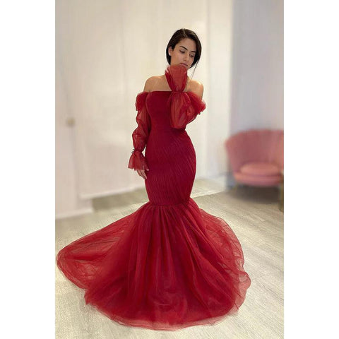 Robe de bal de fin d'année à lacets, style sirène et trompette, chic et moderne, épaules dénudées, manches longues