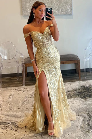 Sparkly  Off the Shoulder Mermaid Sequins Long Prom Dress with Slit