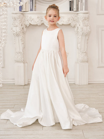 A-Line Princess Sleeveless Satin Flower Girl Dress with Sweep Train and Bow