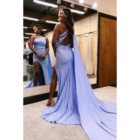 Vestido de fiesta de noche sencillo y moderno con un solo hombro, sin mangas, con abertura lateral