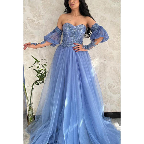 Robe de soirée trapèze bustier en tulle pailleté avec manches amovibles