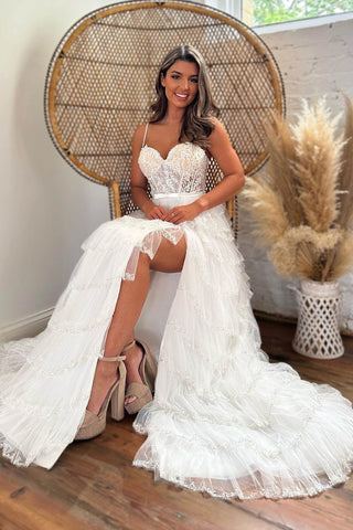 Princess A Line Spaghetti Straps White Corset Prom Dress with Appliques Ruffles