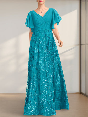 A-line V-Neck Floor-Length Lace Sequin Chiffon Mother of the Bride Dress With Pleated
