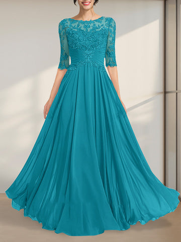 A-line Scoop Illusion Floor-Length Chiffon Lace Mother of the Bride Dress With Pleated Sequins