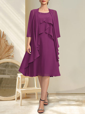 A-line Scoop Knee-Length Chiffon Mother of the Bride Dress With Beading