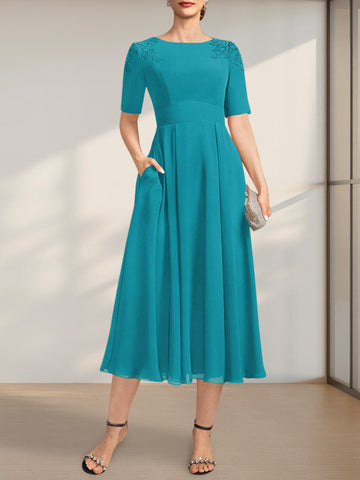 A-line Scoop Tea-Length Chiffon Mother of the Bride Dress With Appliques Lace Sequins