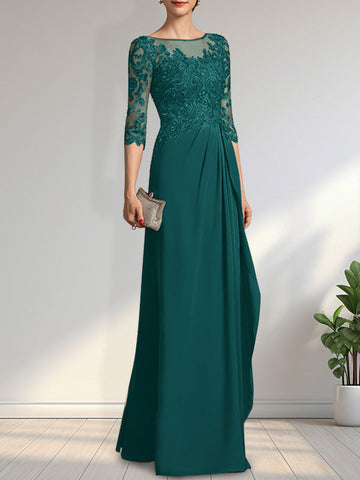 A-line Scoop Illusion Floor-Length Chiffon Lace Mother of the Bride Dress With Beading Sequins Cascading Ruffles