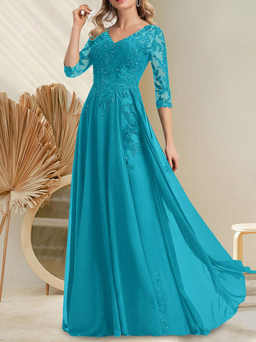 A-line V-Neck Floor-Length Lace Chiffon Mother of the Bride Dress With Sequins