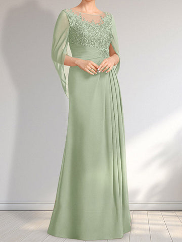 A-line Scoop Illusion Floor-Length Lace Chiffon Mother of the Bride Dress With Pleated Sequins