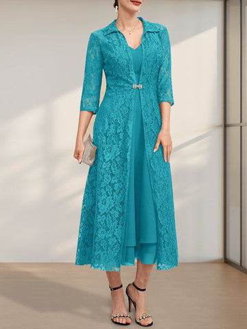 A-line V-Neck Tea-Length Chiffon Mother of the Bride Dress