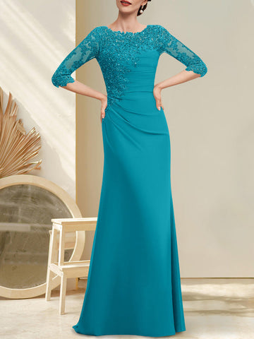 A-line Scoop Floor-Length Chiffon Lace Mother of the Bride Dress With Beading Pleated Sequins