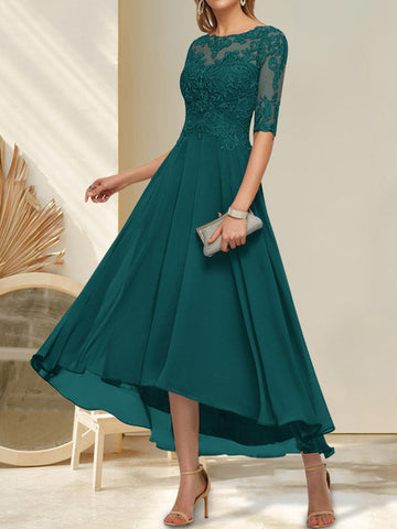 A-line Boat Neck Illusion Asymmetrical Chiffon Lace Mother of the Bride Dress With Sequins Beading