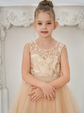 Ball-Gown/Princess Tulle Sweep Train Champagne Flower Girl Dress