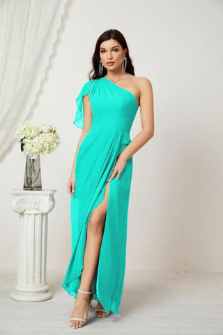 Robe de demoiselle d'honneur longue en mousseline de soie à volants et à une épaule, coupe trapèze, robe de soirée formelle fendue sur le côté, 2809