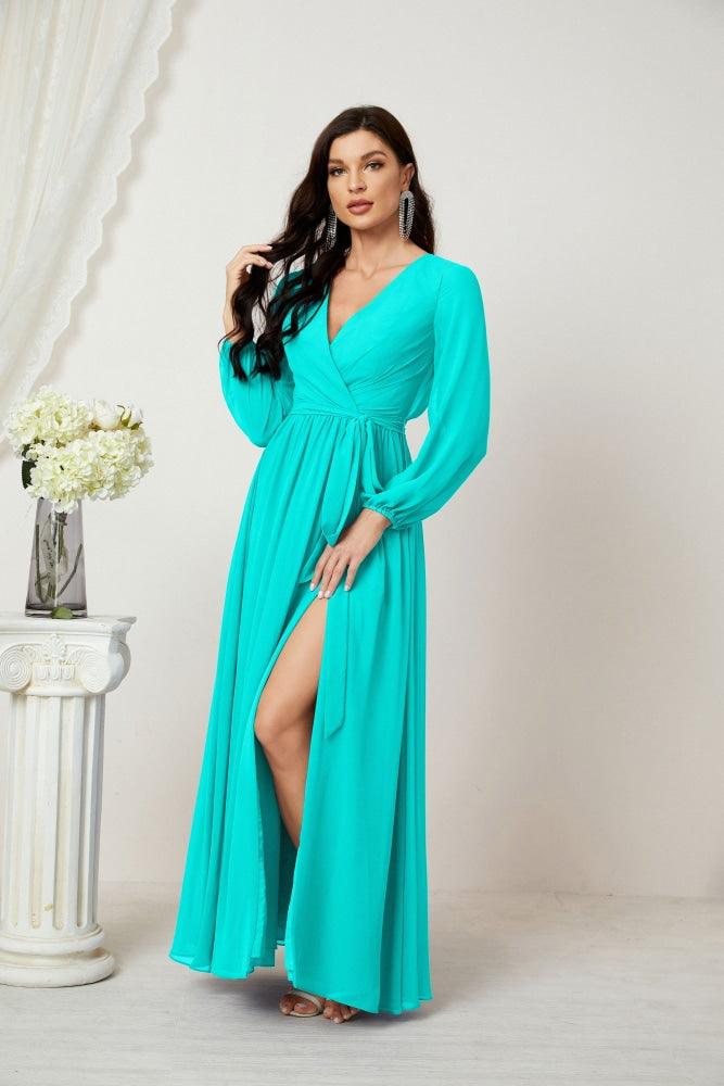 Numbersea Evening Dresses Deep V-Neck Chiffon Bridesmaid Dresses Long Bishop Sleeve Side Split Formal Dress 2806